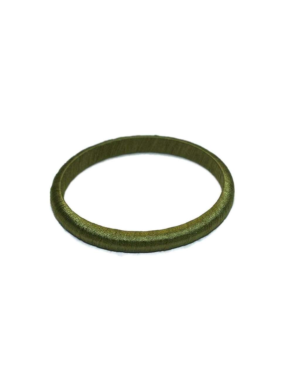 Vintage 8 Inch Bangle Bracelet Wrapped in Dark Green Tone Silk Thread.